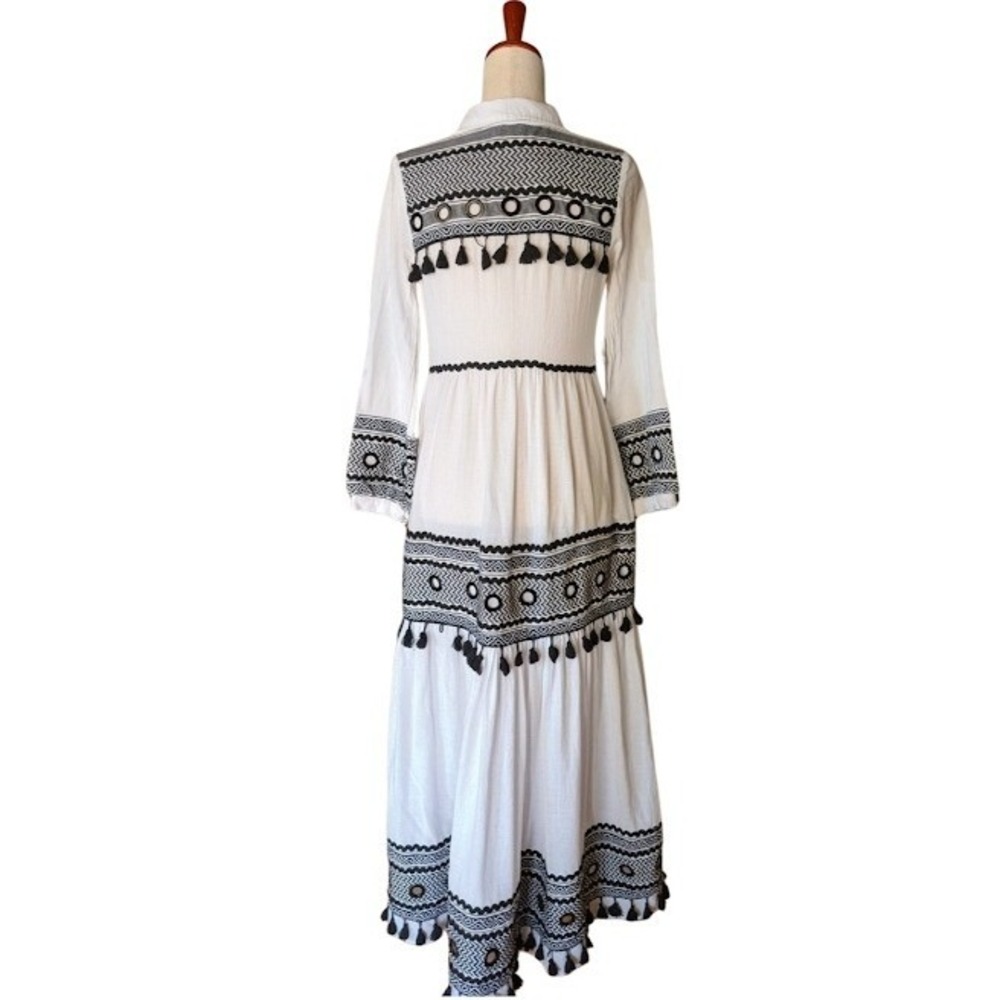 DODO Bar Or White Black Embroidered Tassel Mirror Maxi Dress Womens S Cotton - Picture 5 of 9